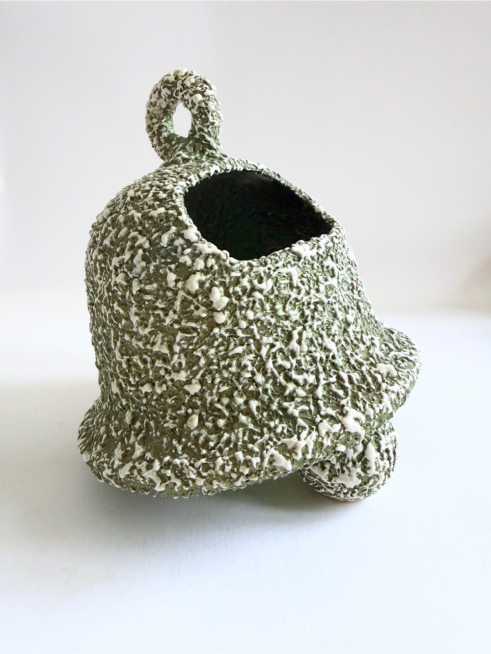 Vintage MCM lava splatter Olive Green Bell Planter Stanford Sebring Christmas